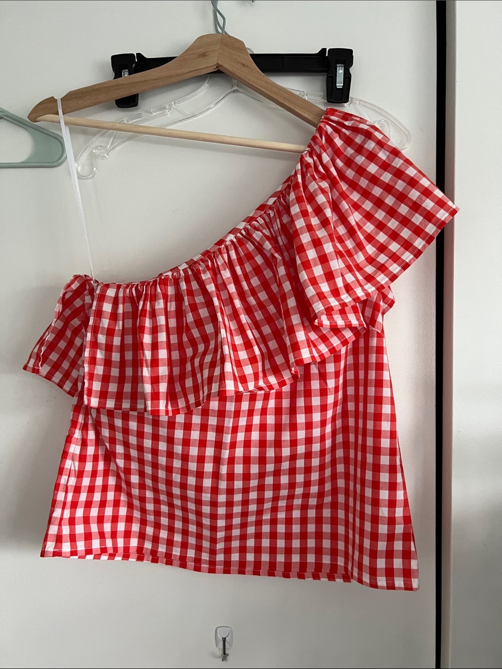 J. Crew Game day One-Shoulder Ruffle Gingham Top - Orange /White size 4